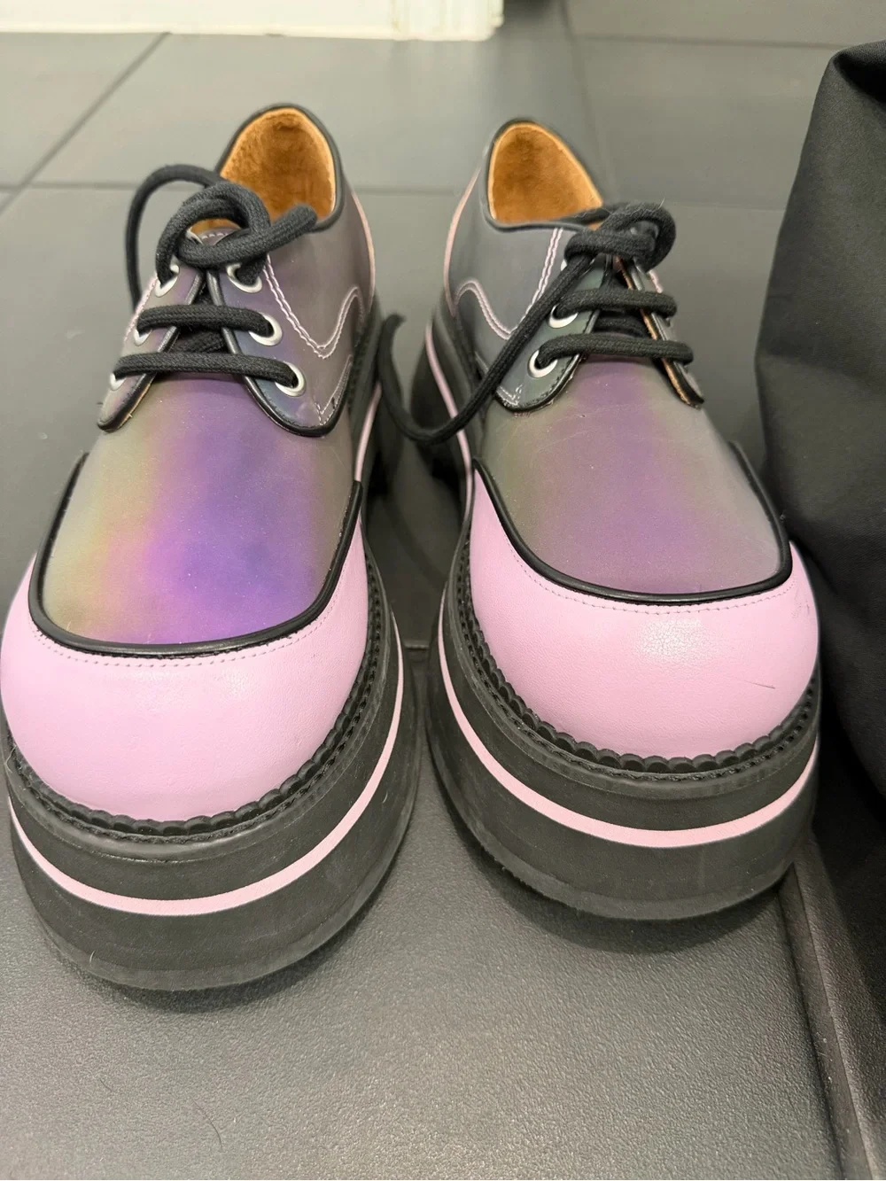 John Fluevog Purple and Blue Iridescent Platform Oxfords